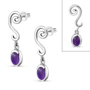 Swirling Ethnic Dangling Drop Stud Silver Earrings w/ Amethyst Stone - e166